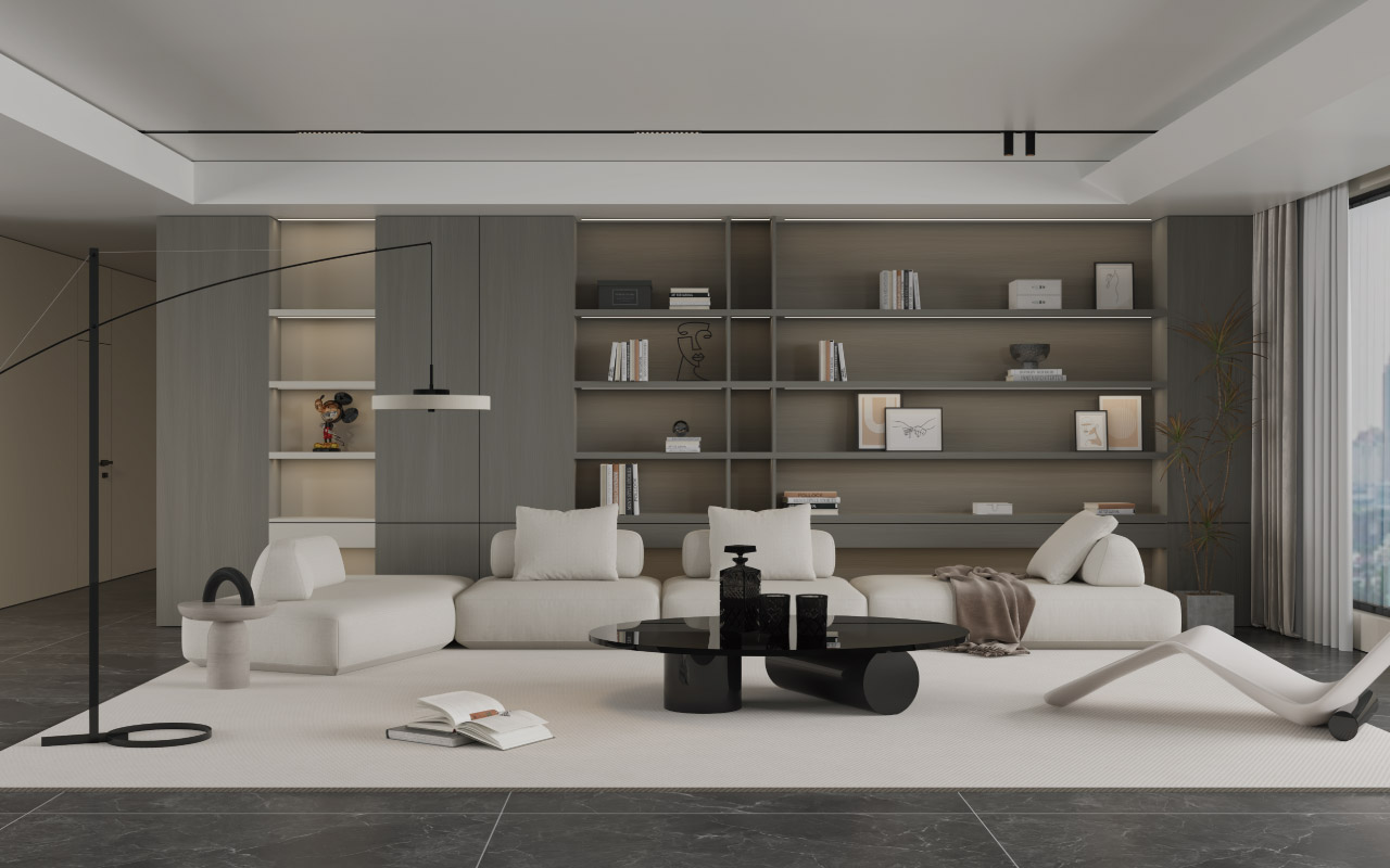 书柜配景墙储物柜一体